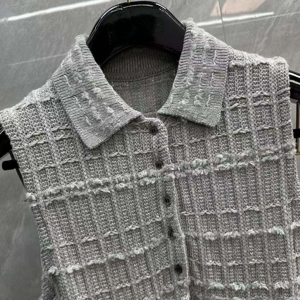 Thom Browne Style Gray Tweed Jacquard Sleeveless Polo Dress