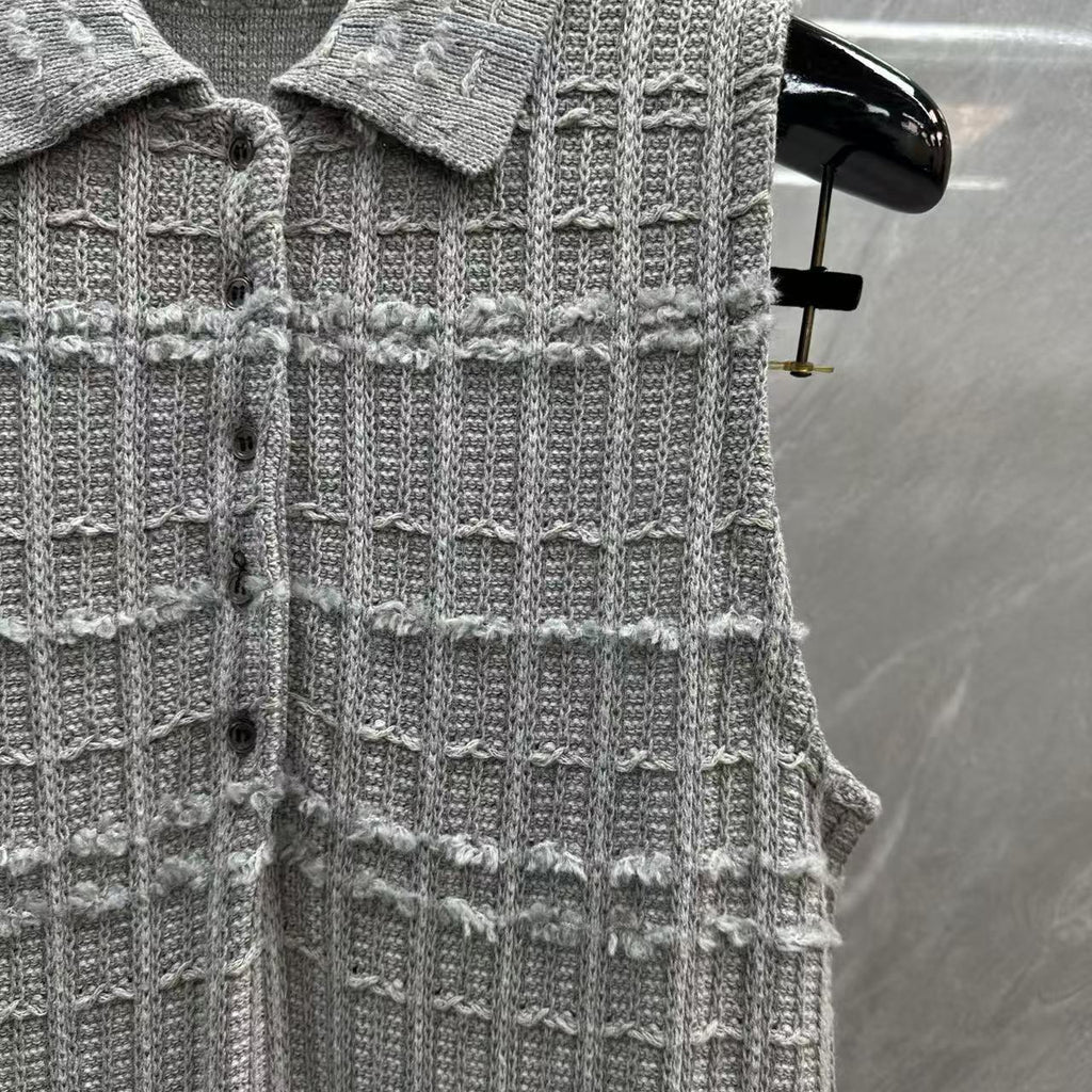 Thom Browne Style Gray Tweed Jacquard Sleeveless Polo Dress