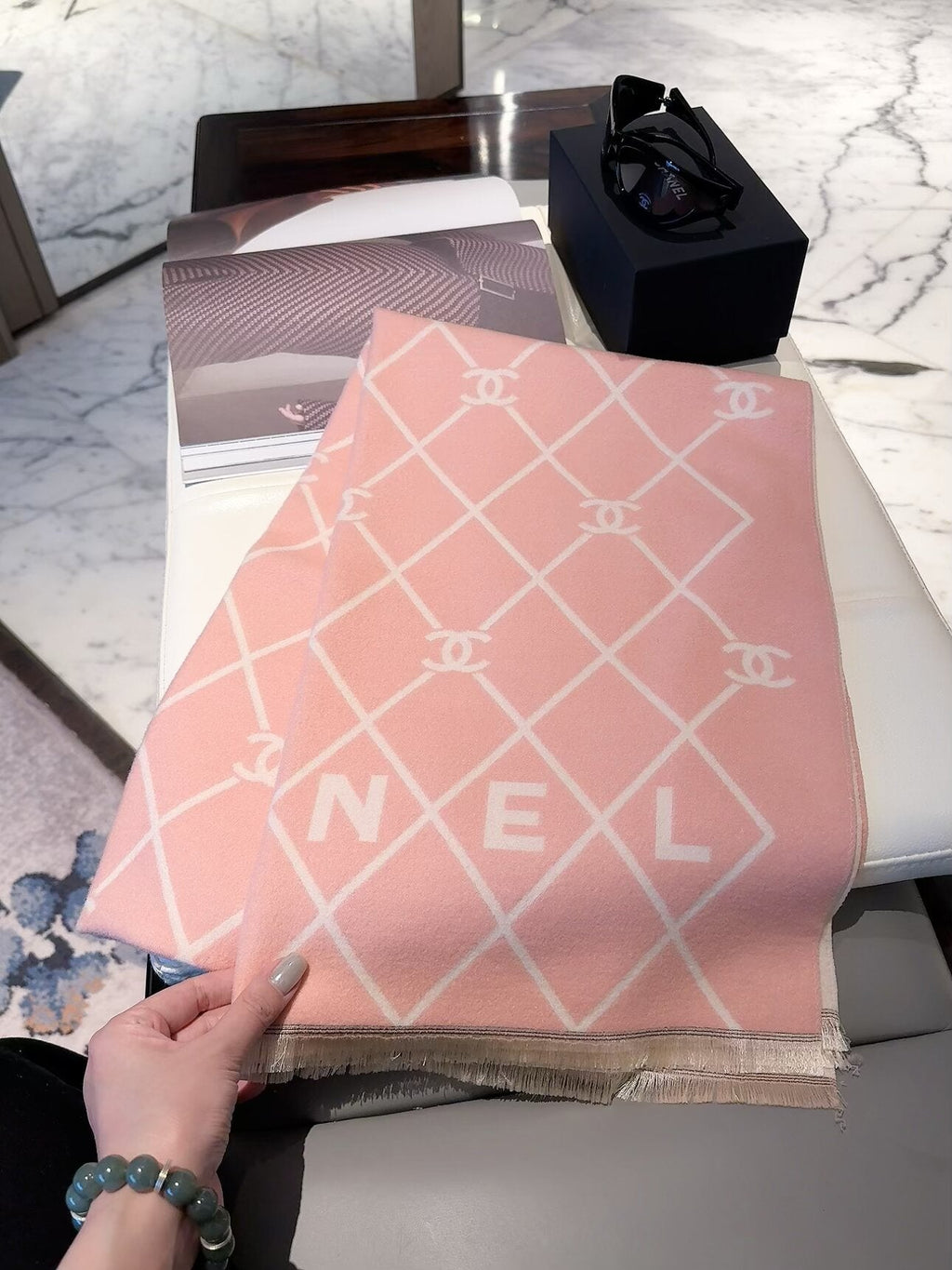 Chanel Style Diamond Lattice Logo Scarf