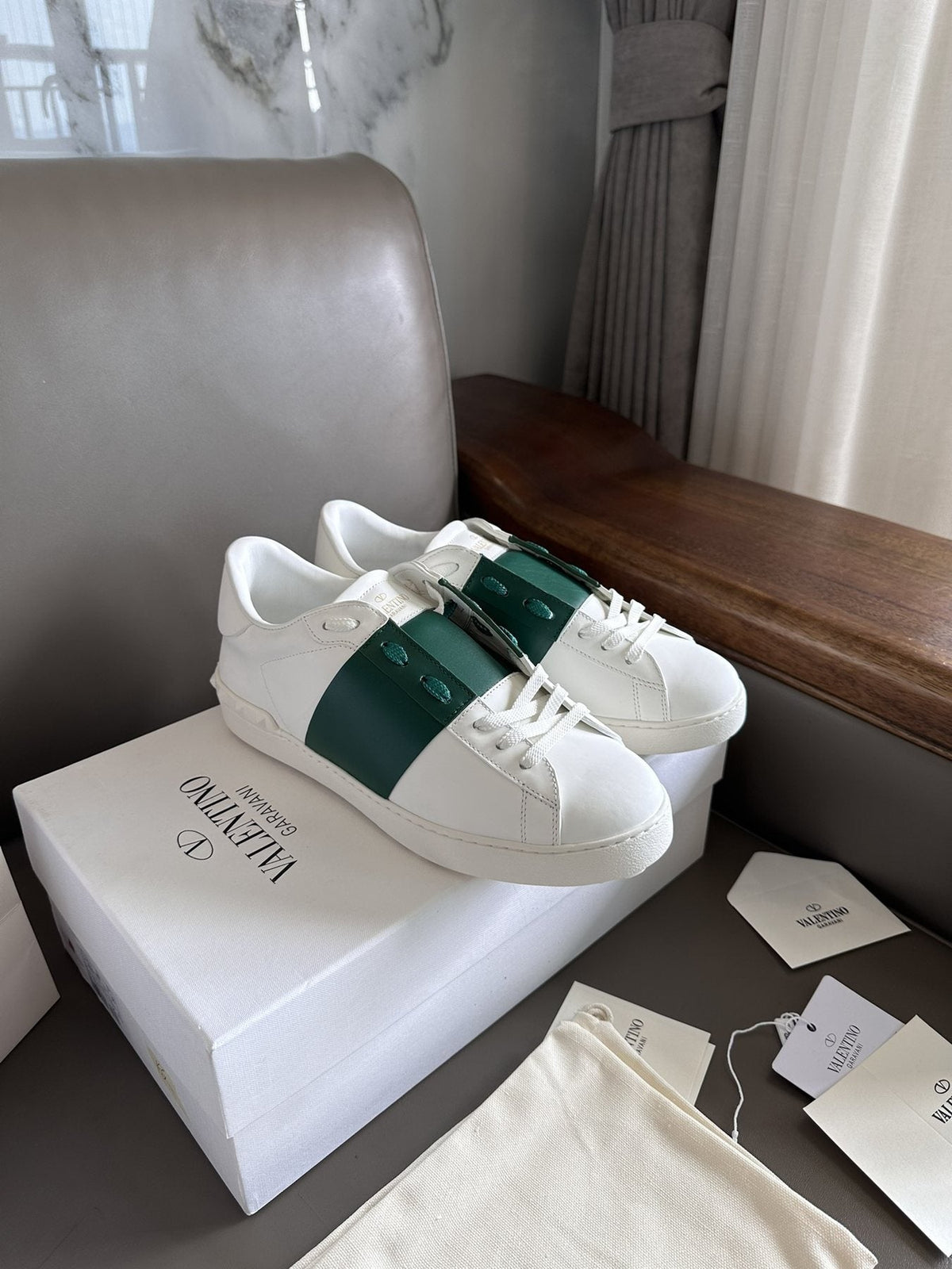 Valentino White and Green Studded Low-Top Sneakers