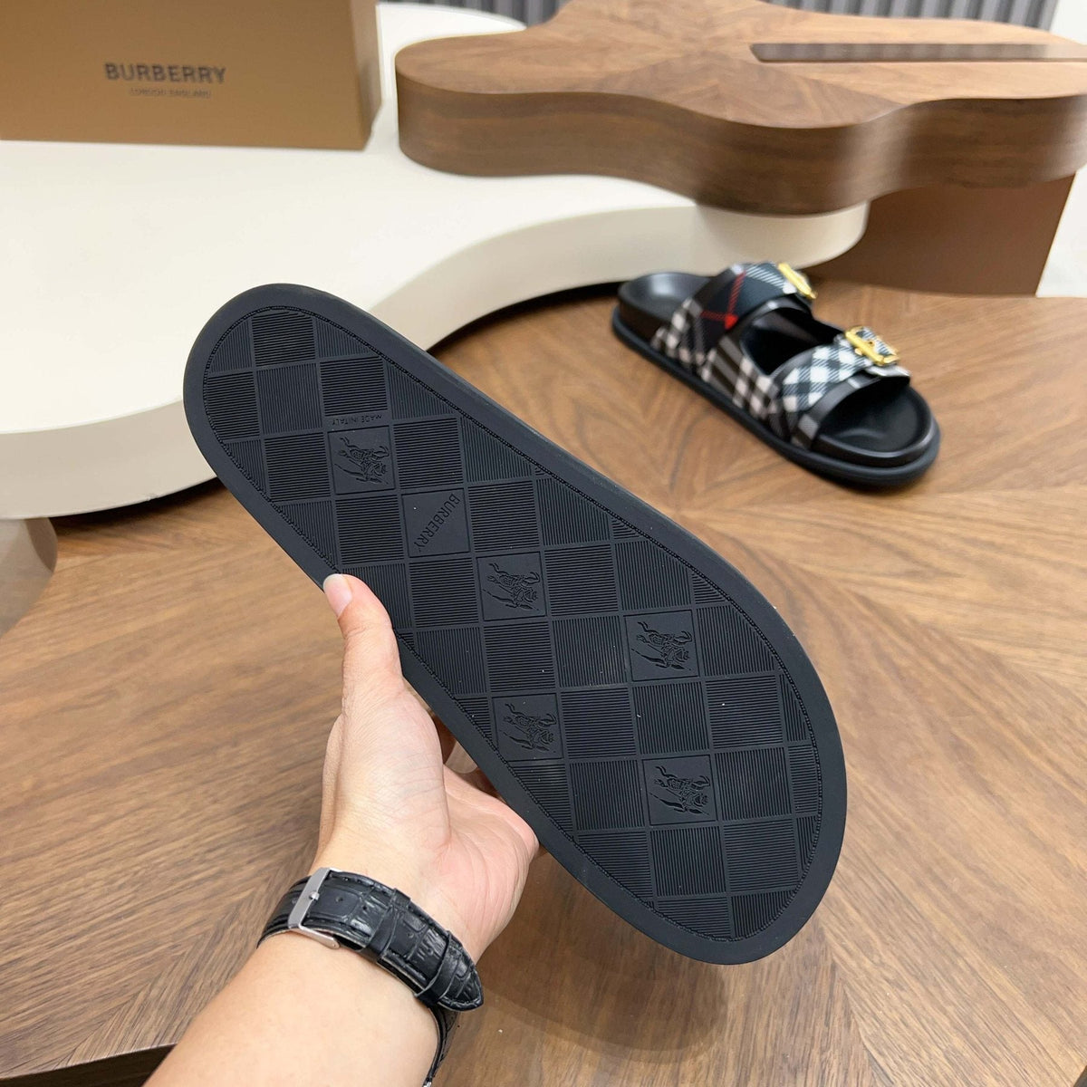 Burberry Plaid Buckle Slide Sandals - Cross Straps